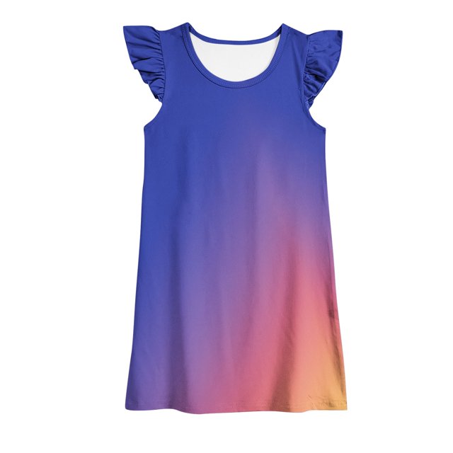 Plebaso Baby Girls Dresses Summer Round Neck Flying Sleeve Gradient Color Sundress Kids Fashion Clothes