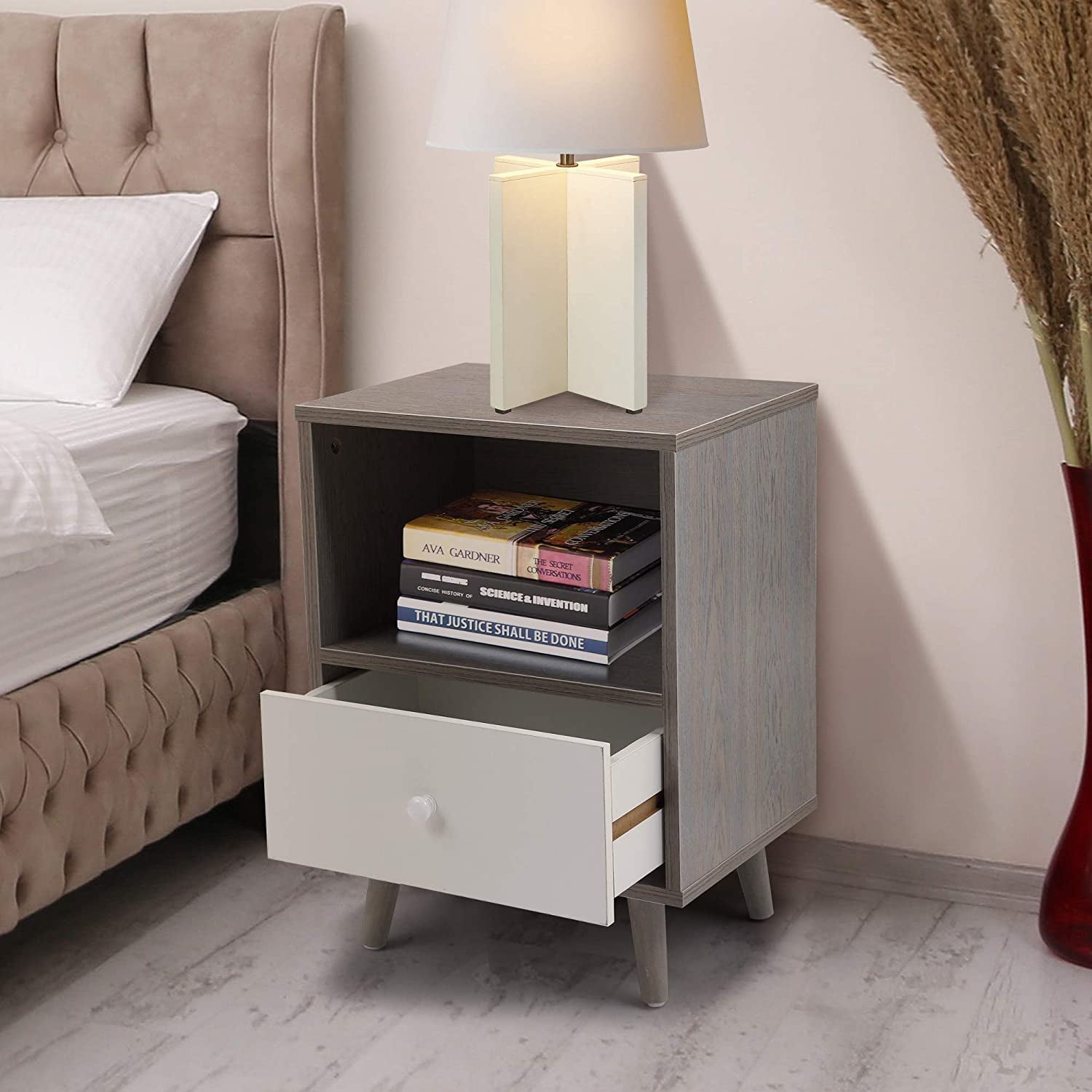 Modern Wood Nightstands with Drawer, Open Shelf and Solid Wood Legs, End Table for Living Room (2-Pack, Grey+White) Modern Wood Nightstands with Drawer, Open Shelf and Solid Wood Legs, End Table for Living Room (2-Pack, Grey+White)
