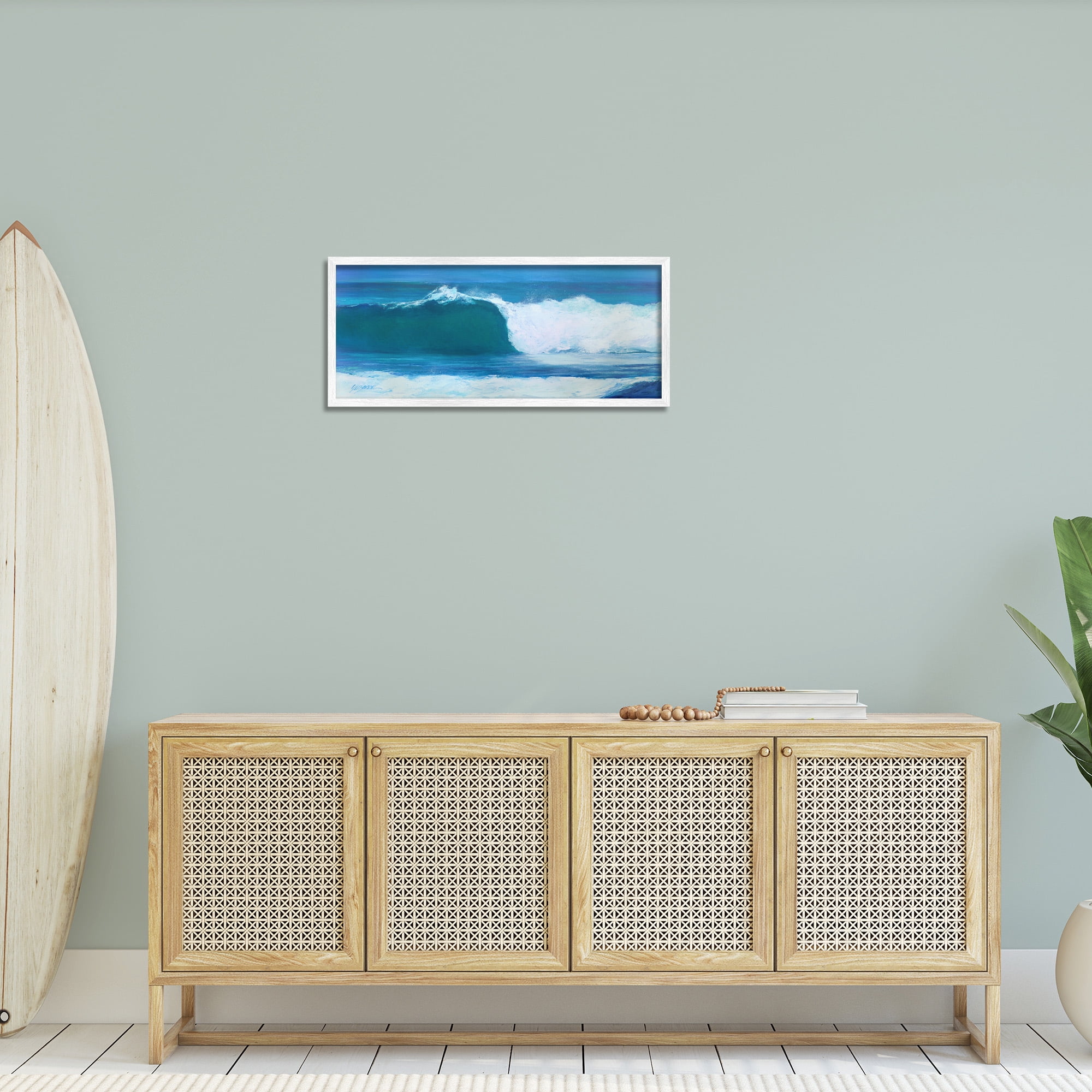 Stupell Industries Crested Beach Wave Nature Painting White Framed Art Print Wall Art, 30 x 13
