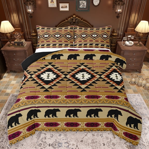 jejeloiu Wild Animal Bear Bedding Comforter Set,Retro Boho Aztre Twin Comforter Sets,Vintage Rhombus Pattern Bedding Set For Adult,Super Cozy Room Decor Reversible,2-Piece