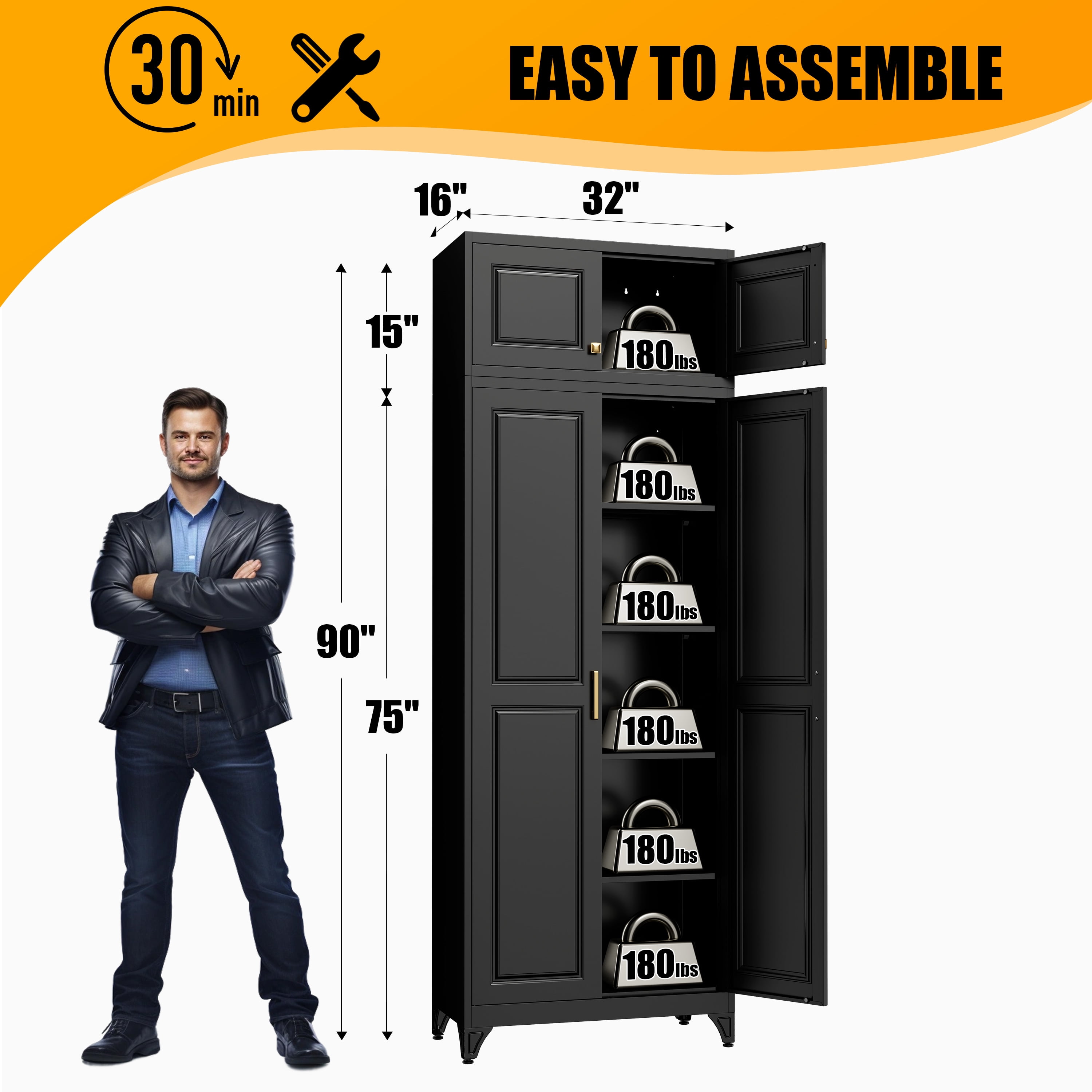 SteeLoong 90"H Black Modern Metal Pantry Storage Cabinet with Doors and 4 Adjustable Shelves for Living Room Kitchen and Home