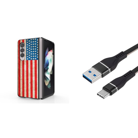 Accessory Bundle for Galaxy Z Fold 4: Slim Snap-On Case (Vintage American Flag), Nylon Braided USB-C to USB-A Cable (3 Feet)