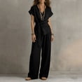 thumbnail image 5 of Gealkoca Women's 2 Piece Outfits Short Sleeve V Neck Top Wide Leg Pant Business Suit Set Dressy Pantsuits Summer Belted Top Loose Matching Set, 5 of 7