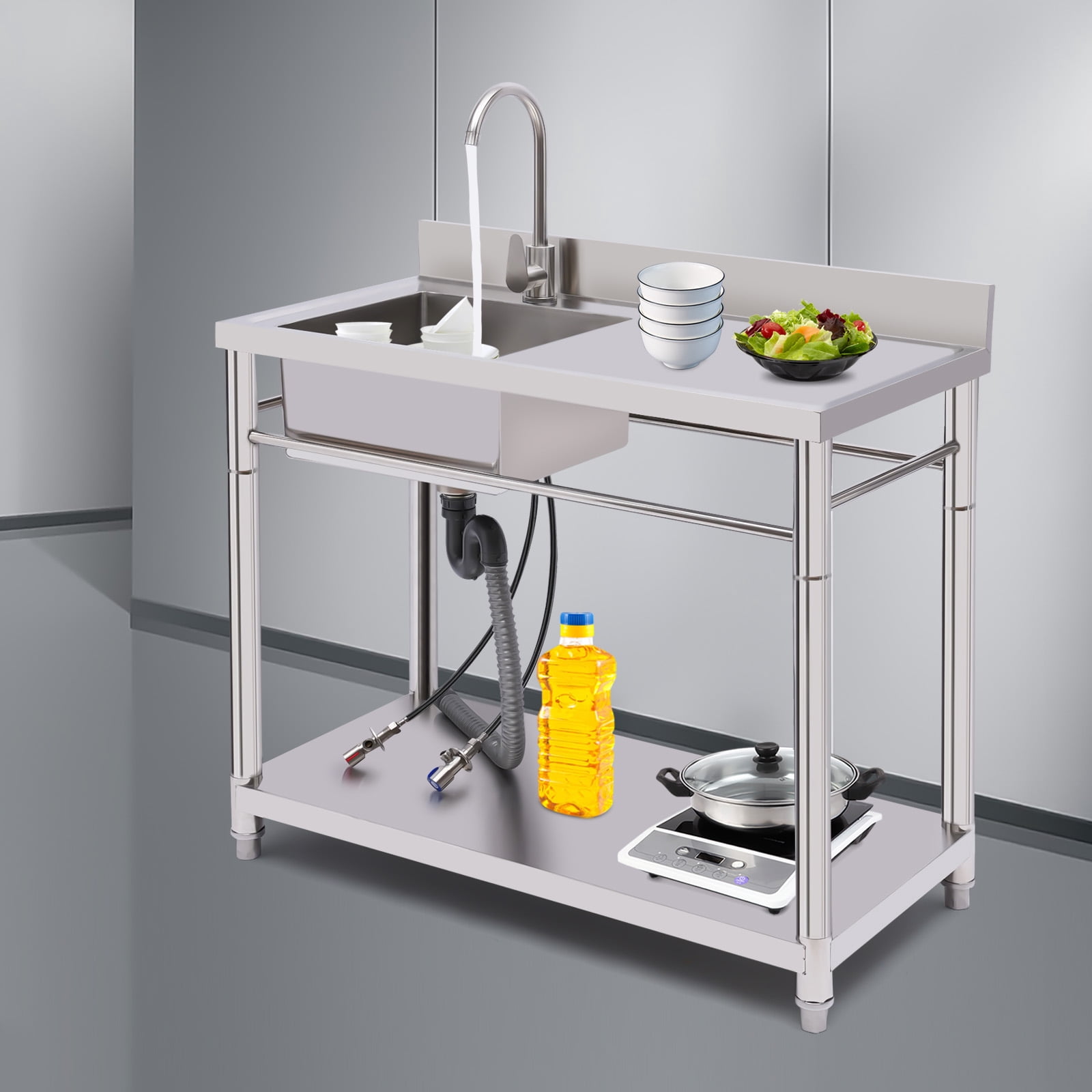 Dwellnix Heavy Duty Stainless Steel Utility Sink with Faucet, Storage Shelf, Adjustable Feet, and Drainage Pipe, Perfect for Kitchen, Garage, Laundry Room