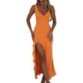 thumbnail image 3 of Women V Neck Sleeveless Mesh Ruffle Hem Bodycon Maxi Casual Backless High Slit Cocktail Party Dress Orange Color M, 3 of 8