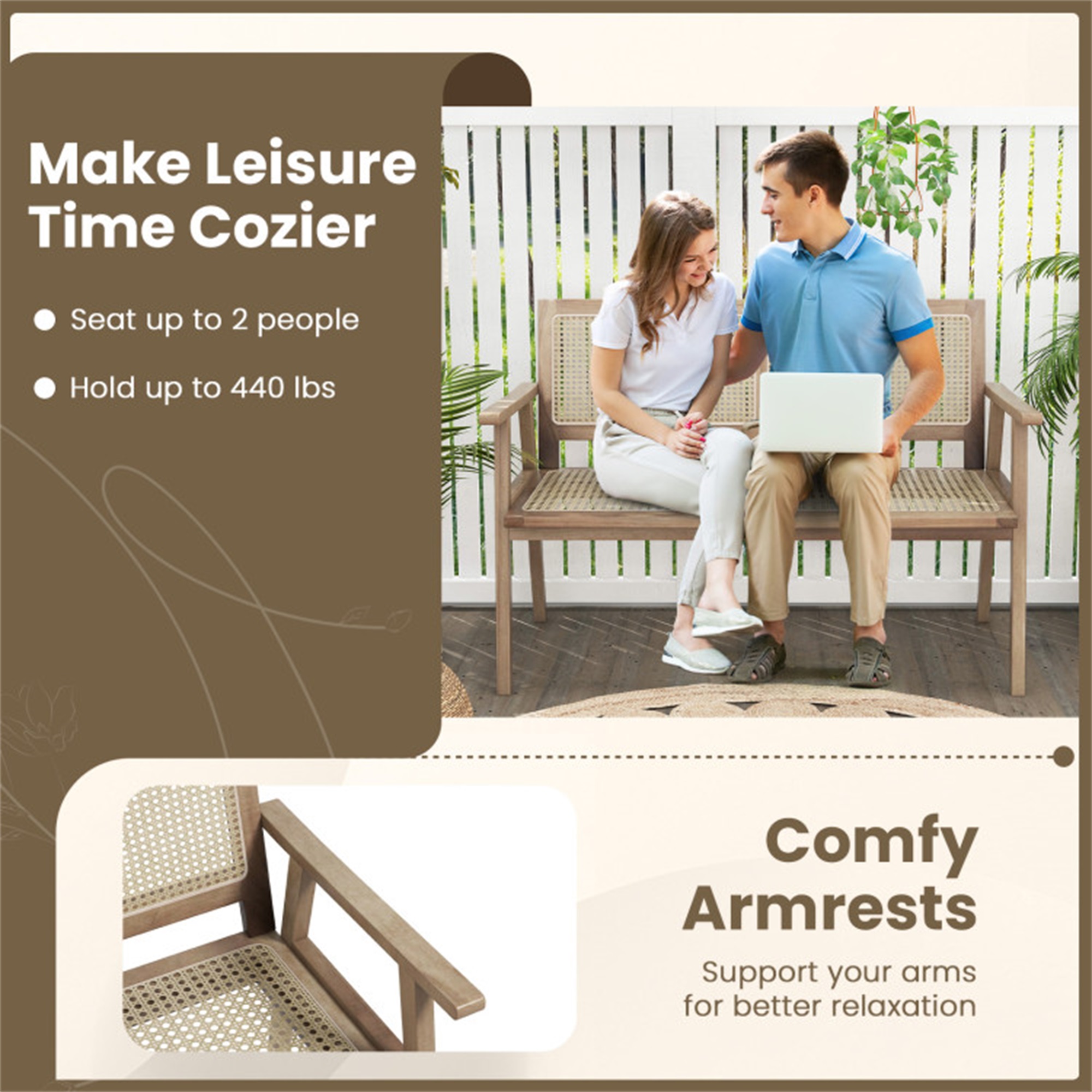 Demi Bonndonesia Teak Wood Garden Bench with Armrests and Natural Rattan Backrest Dining Chair, Brown