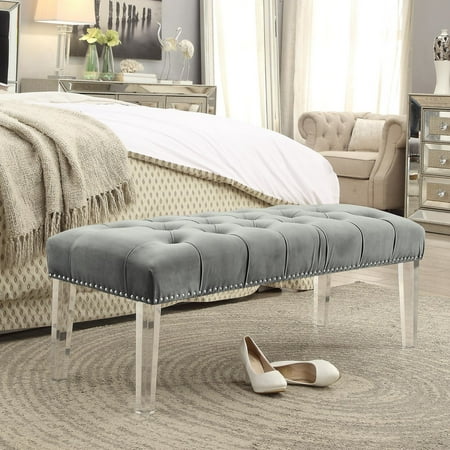 Eugene Grey Velvet Upholstered Bench Acrylic Legs Tufted Nailhead By Inspired Home Eugene Grey Velvet Upholstered Bench Acrylic Legs Tufted Nailhead By Inspired Home
