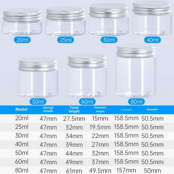 Botella de crema transparente de 40 ml, botella de plástico PET de boca ancha con hombros rectos, tapa de aluminio de color natural, frasco de crema, cosméticos, botella vacía subenvasada