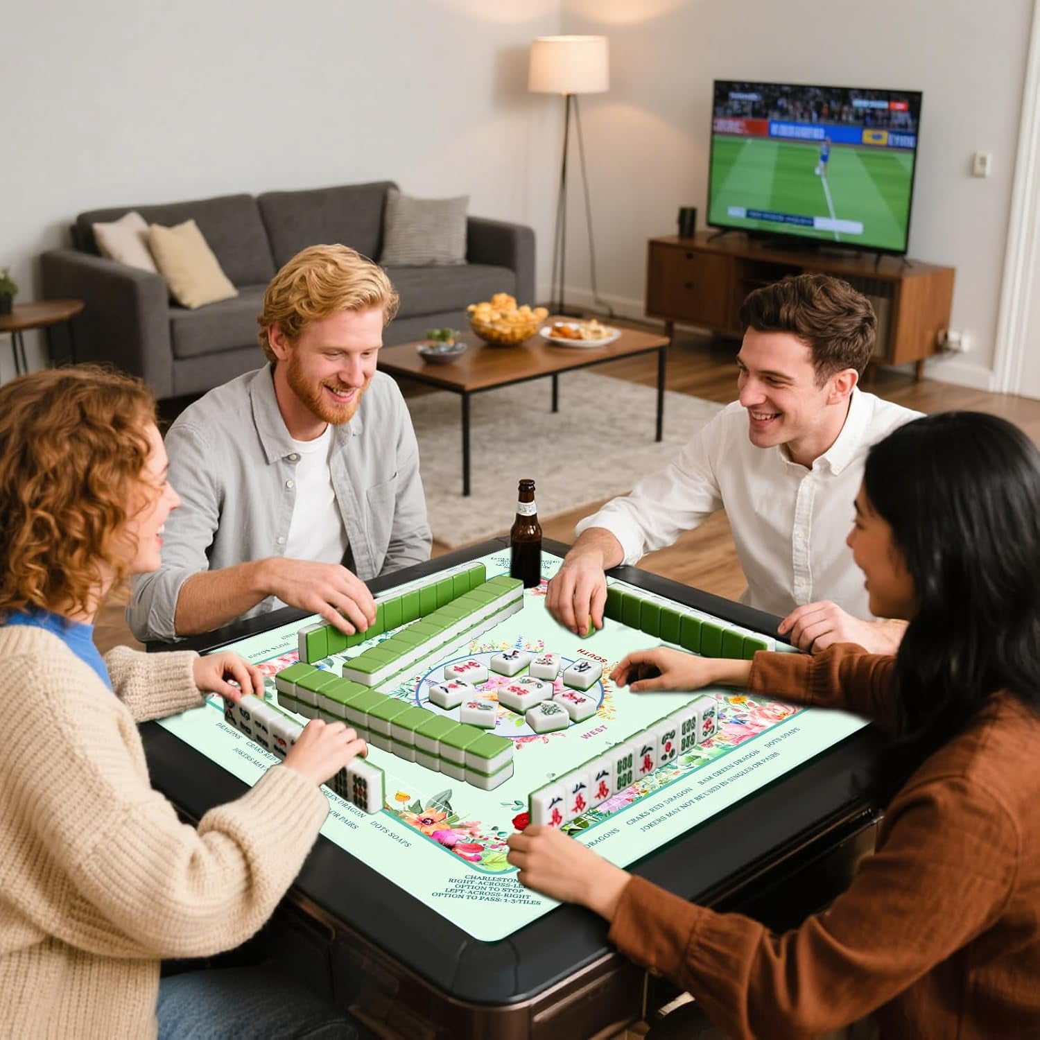 Mahjong Mat for Table, Non-Slip Noise Reduction Mahjong Table Cove 32×32 Inch Portable Gaming Mat for Poker/Cards/Board Games/Tile Games, Mahjong Tablecloth with Carrying Bag (Green+Flowers)