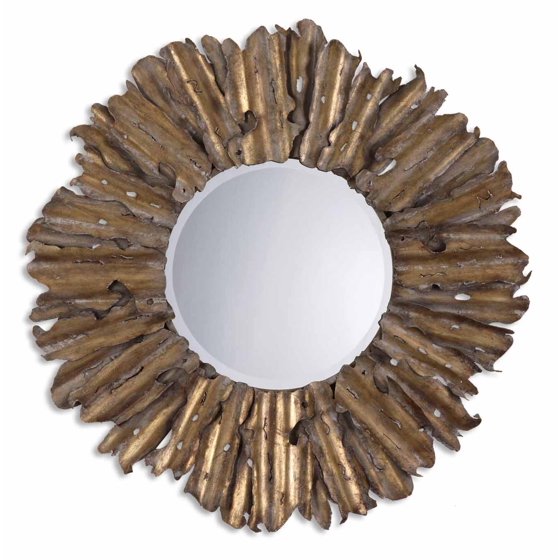 43" Antique Gold Leaf & Gray Starburst Metal Framed Beveled Round Wall Mirror