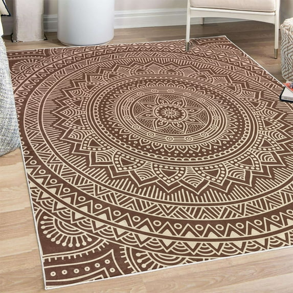 Mandala Decorative Rug, Abstract Floral Design with Themes Native South East Folkloric Illustration, Quality Carpet for Bedroom Dorm and Living Room, 6 Sizes, Pale Rosewood, by Ambesonne