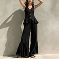 thumbnail image 5 of Womens Casual Two Piece Outfit V Neck Sleeveless Button Peplum Top High Waist Ruffle Hem Wide Leg Pants Solid Color Elegant Set Black M(M), 5 of 7