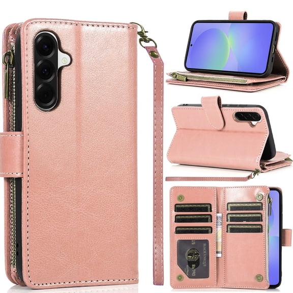For Samsung Galaxy A37 Luxury Wallet Card ID Zipper Money Holder Case Cover - Rose Gold