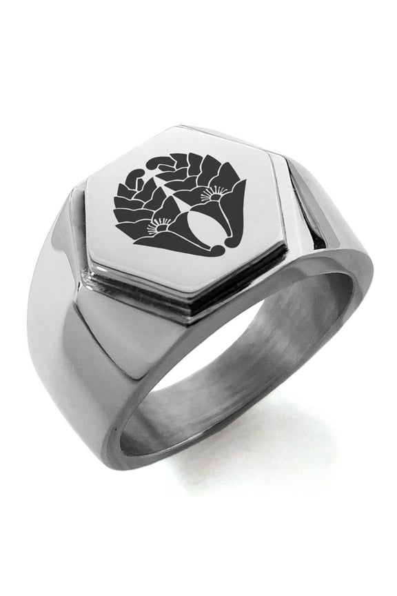Stainless Steel Nabeshima Samurai Crest Engraved Hexagon Crest Flat Top Biker Style Polished Ring