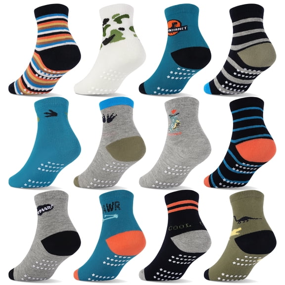 ELUTONG Toddler Socks with Grips Boys Non Slip Anti Skid Crew Socks 12 Pairs Baby Kids Children Cartoon Pattern