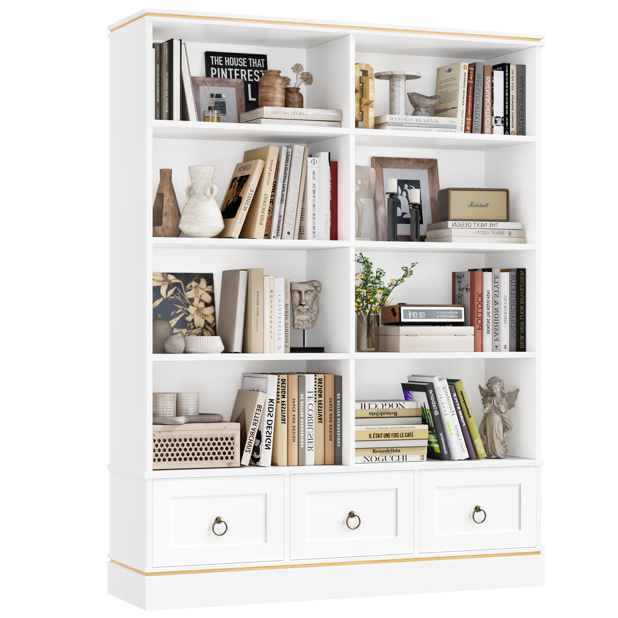 Homfa Tall Bookshelf with Drawers, Double Row 8 Cube 47'' Wide Bookcase for Living Room Office Small Space, White