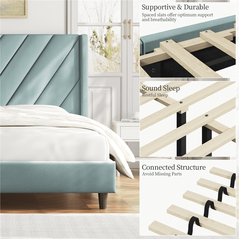 Renwick Upholstered Platform Bed Frame with Tufted Headboard, Blue Lake, All Ages, Queen