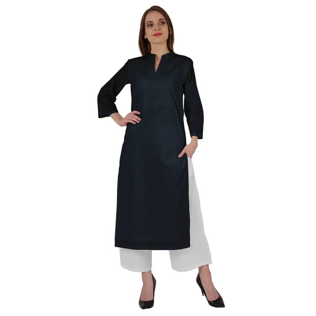 Bimba Kurta Droite Unie Ethnique Indienne pour Femmes à Col Mandarin avec Encolure Plissée en Coton