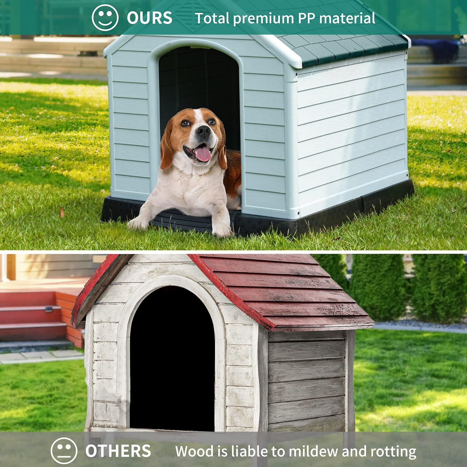 28.5'' Plastic Dog House Outdoor Indoor Doghouse Puppy Shelter Water Resistant Easy Assembly Sturdy Dog Kennel with Air Vents and Elevated Floor (28.5''L*26''W*28''H, Blue)