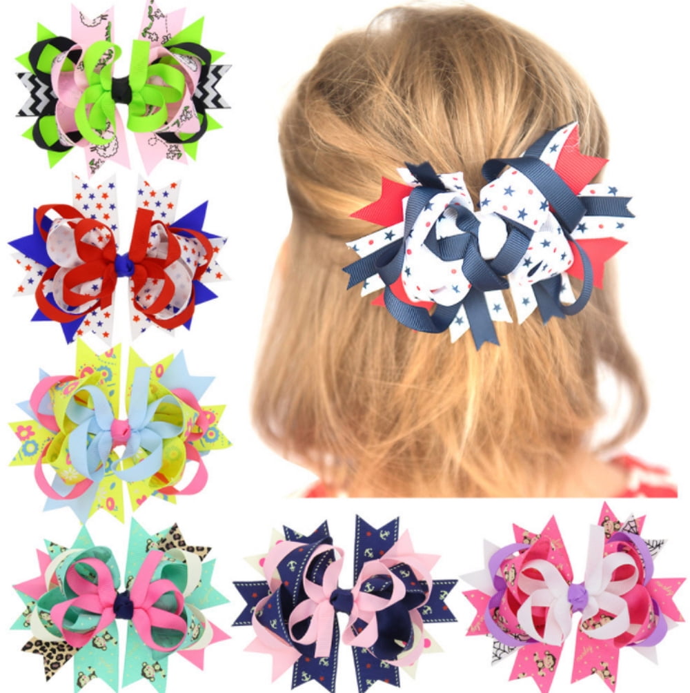6Pcs Girl Christmas Holiday Gift Snowflake Ribbon Hair Bows Clip Girl Hairpin Xg 