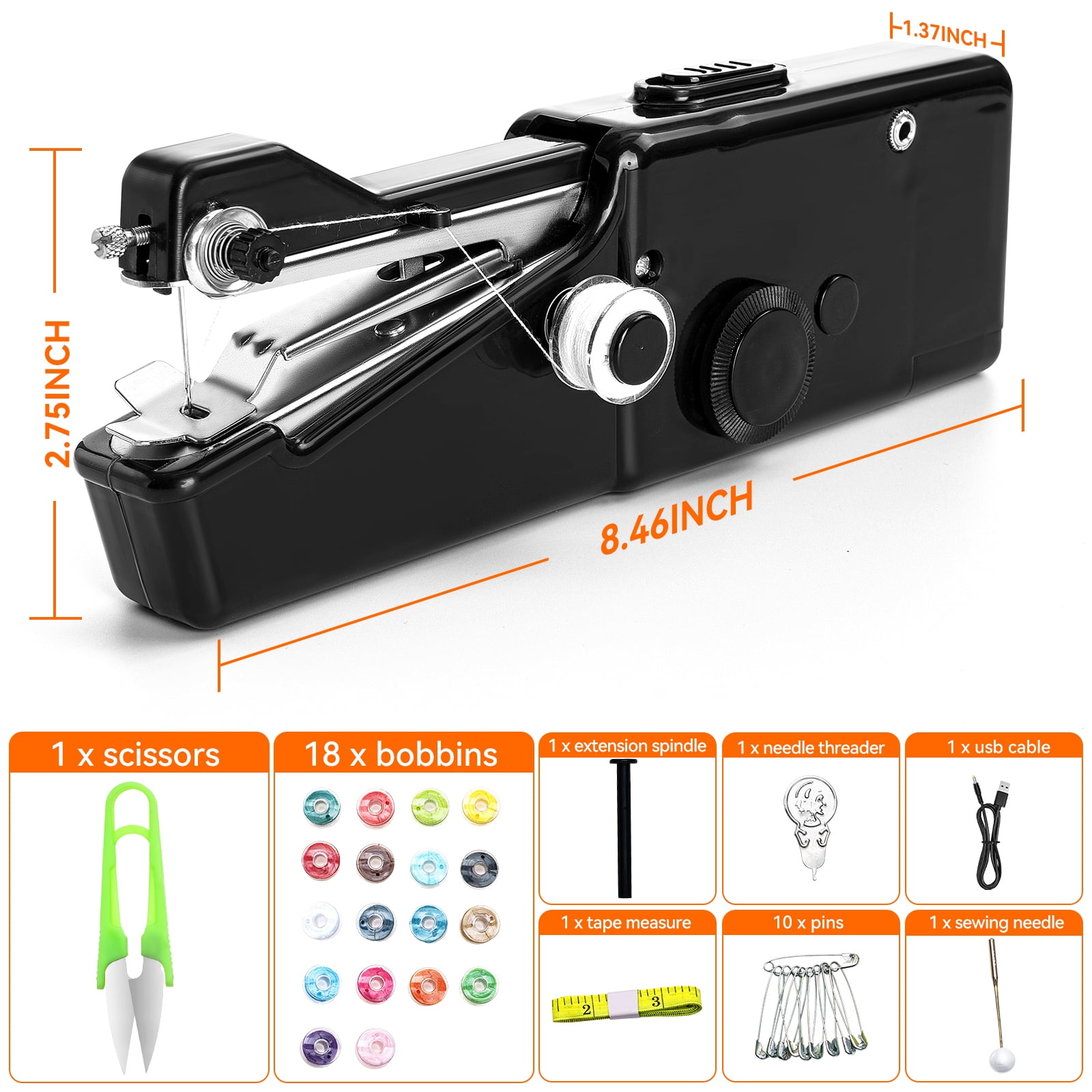 BSHAPPLUS® 36PCS Mini Portable Sewing Machine, Hand Cordless Sewing Tool Handheld Sewing Machine, Essentials for Home Quick Repairing and Stitch Handicrafts,Black