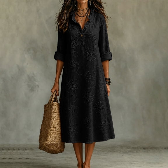 Guieoi Plus Size Solid-Color Embroidered Dress,Womens Dresses Black L
