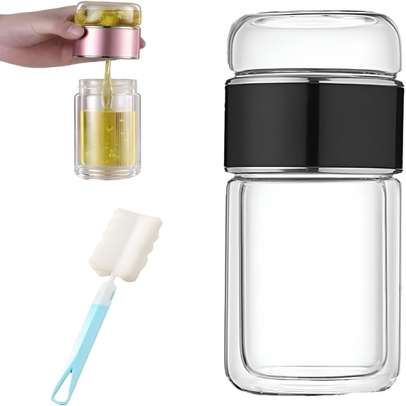 ACDANC Tea Infuser,9.5oz/12oz/14.5oz Double Layer Insulation Glass Tea Infuser,Light Portable Travel Tea Maker with Tea Filter,Office Home Leakproof Stainless Drinking Cup (Black,9.5 oz)