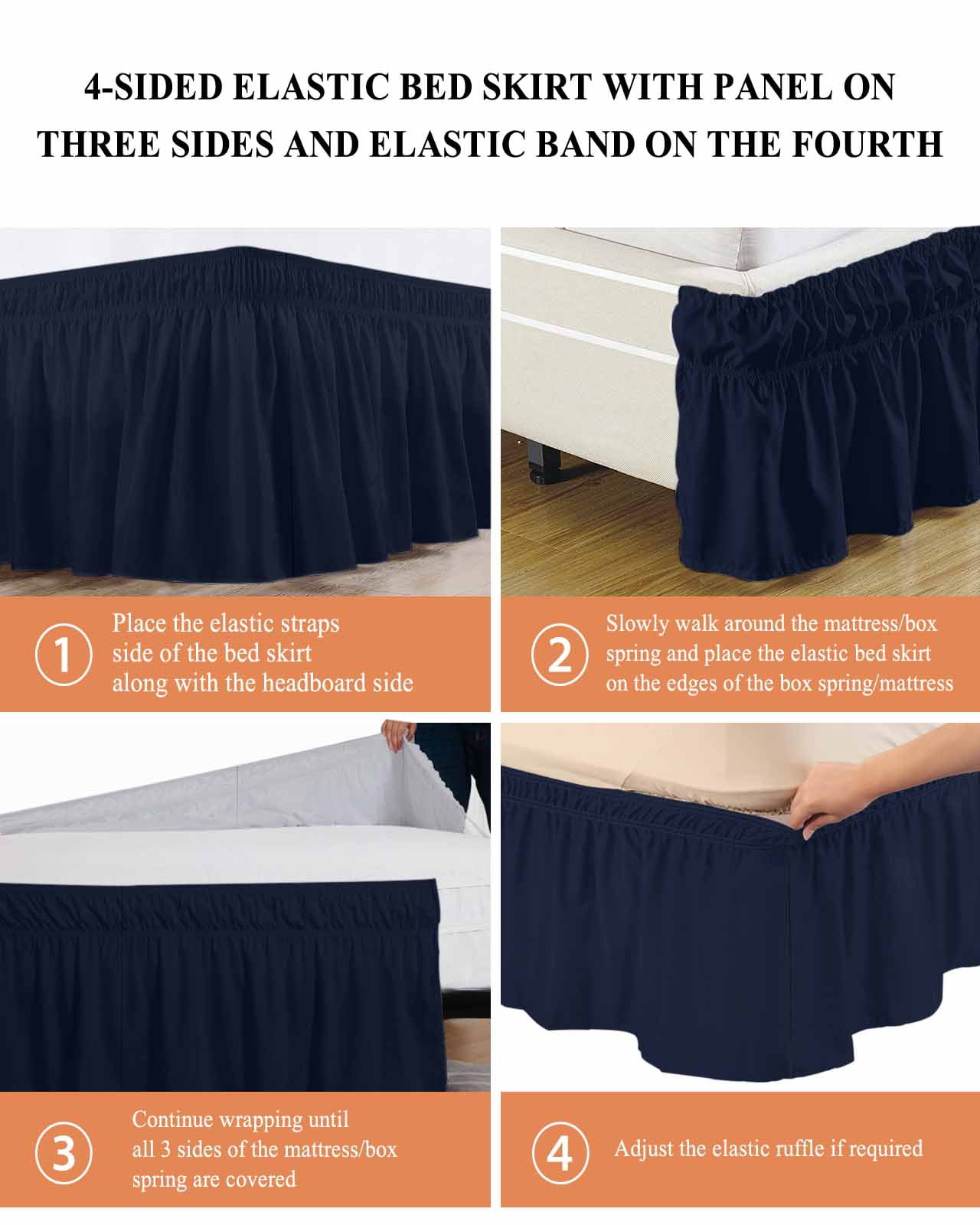 Solid Color Bed Skirt Dark Blue Bed Skirts Queen Size 18 Inch Drop, Wrap Around Dust Ruffle&nbsp;Bedskirt with Adjustable Elastic Belt for Queen Size Beds