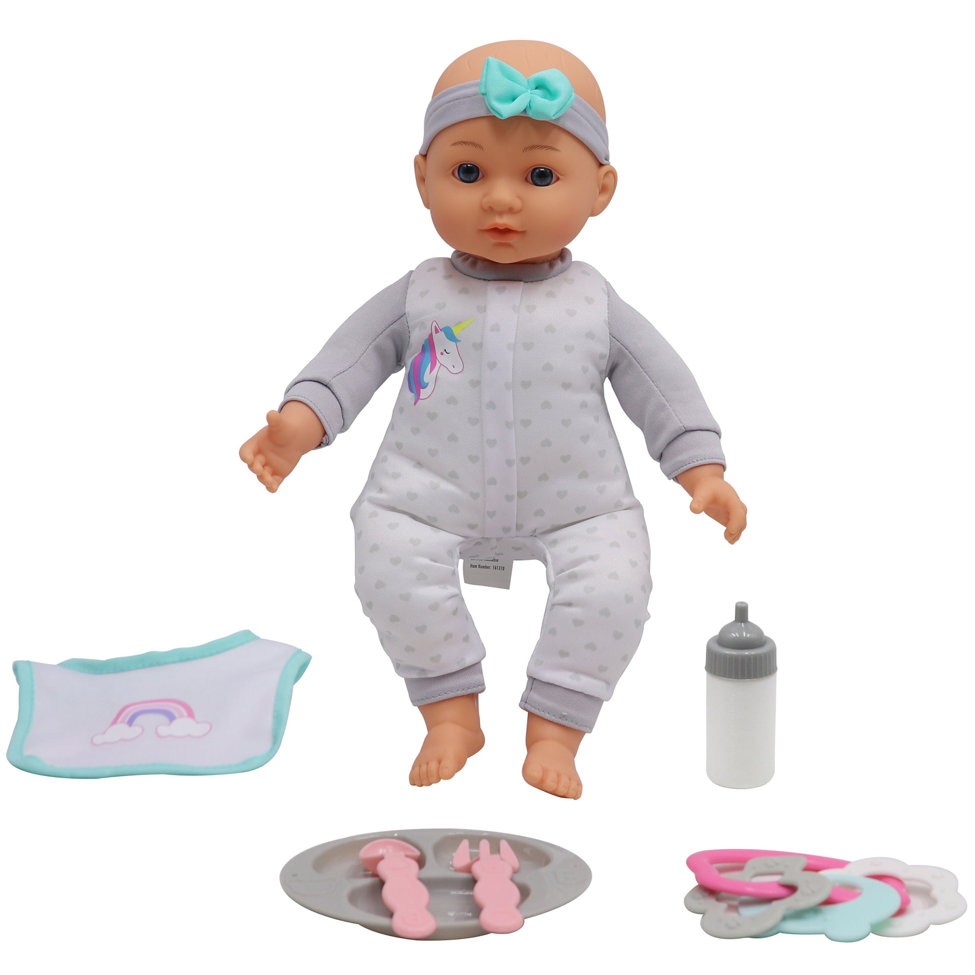 Dream Collection: 14" Baby Doll Feeding Playset - Gray Heart & Unicorn Onesie, Rainbow & Blue Bib, Bottle-Bowl-Rattle Toy Accessories, Kid-Toddlers 2+