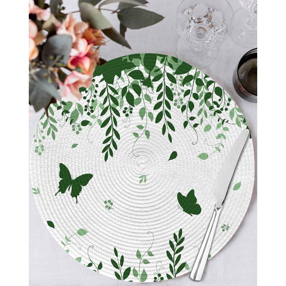 15 Inch Round Placemats Set of 4, Green Spring Botanical Non Slip Heat Insulation PP Table Mats, Weeping Eucalyptus Butterfly Washable Place Mats for Kitchen Dining Party Table Decor