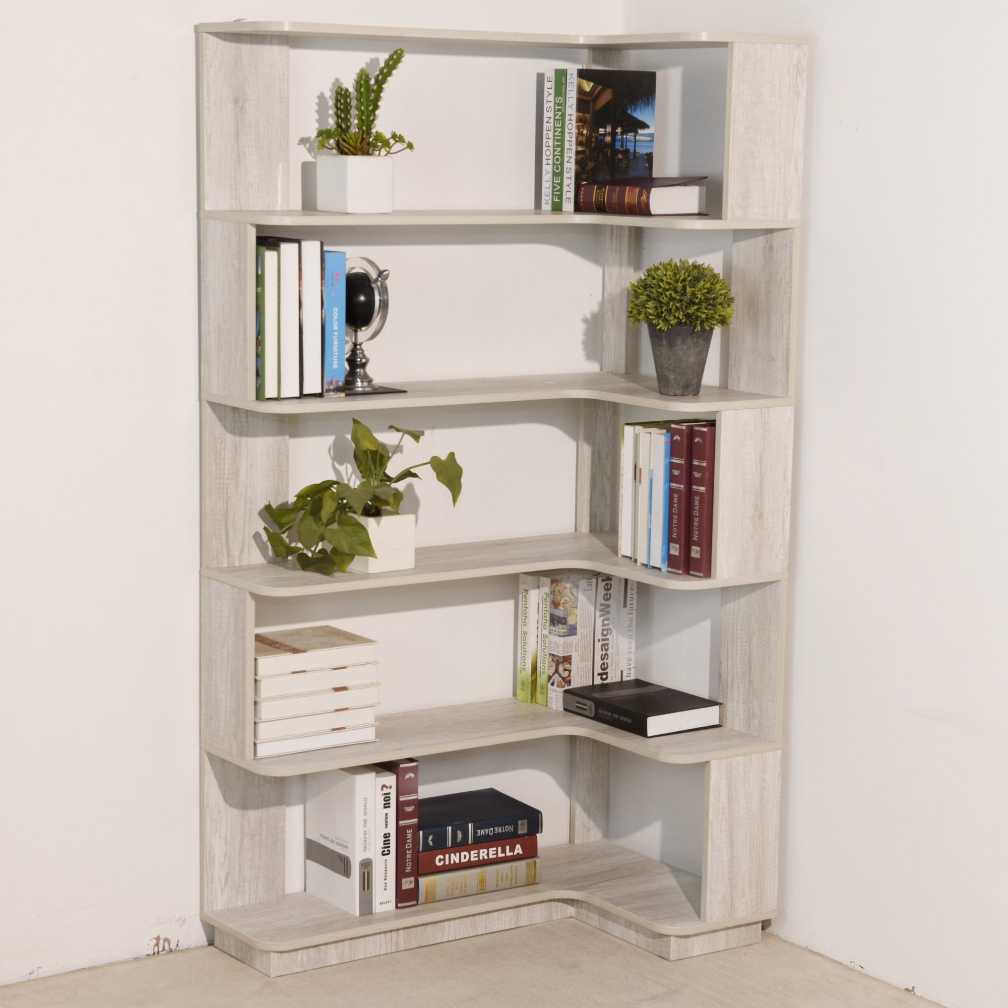 Leumius 5 Tier Freestanding Bookshelf,Wooden L-Shaped Corner Bookcase with Anti-drop Panel and Anti Tipping Device, Display shelf Open Storage,Light Gray