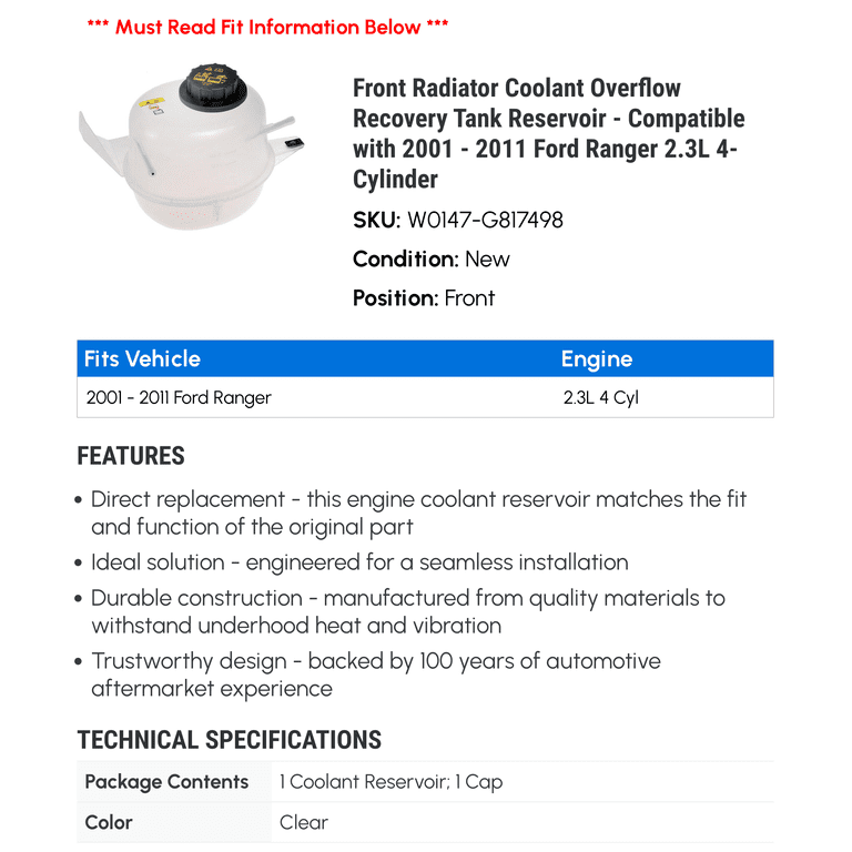 Coolant Overflow Bottle For Ford Ranger T6 Pickup 2012 2013 2014 2015 - 2021
