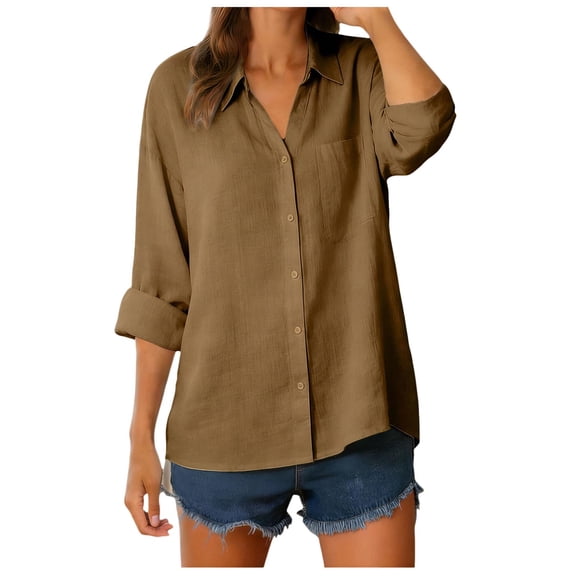 vigerkar Women's Button Down Shirts Long Sleeve Cotton Summer Beach Wear for Women with Pocket (Coffee, XXL)