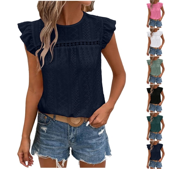 lcziwo Womens Fitted Sleeveless Top Eyelet Breathable Ruffle Round Neck Tank Top Solid Color Summer Casual Top Shirt Pink M