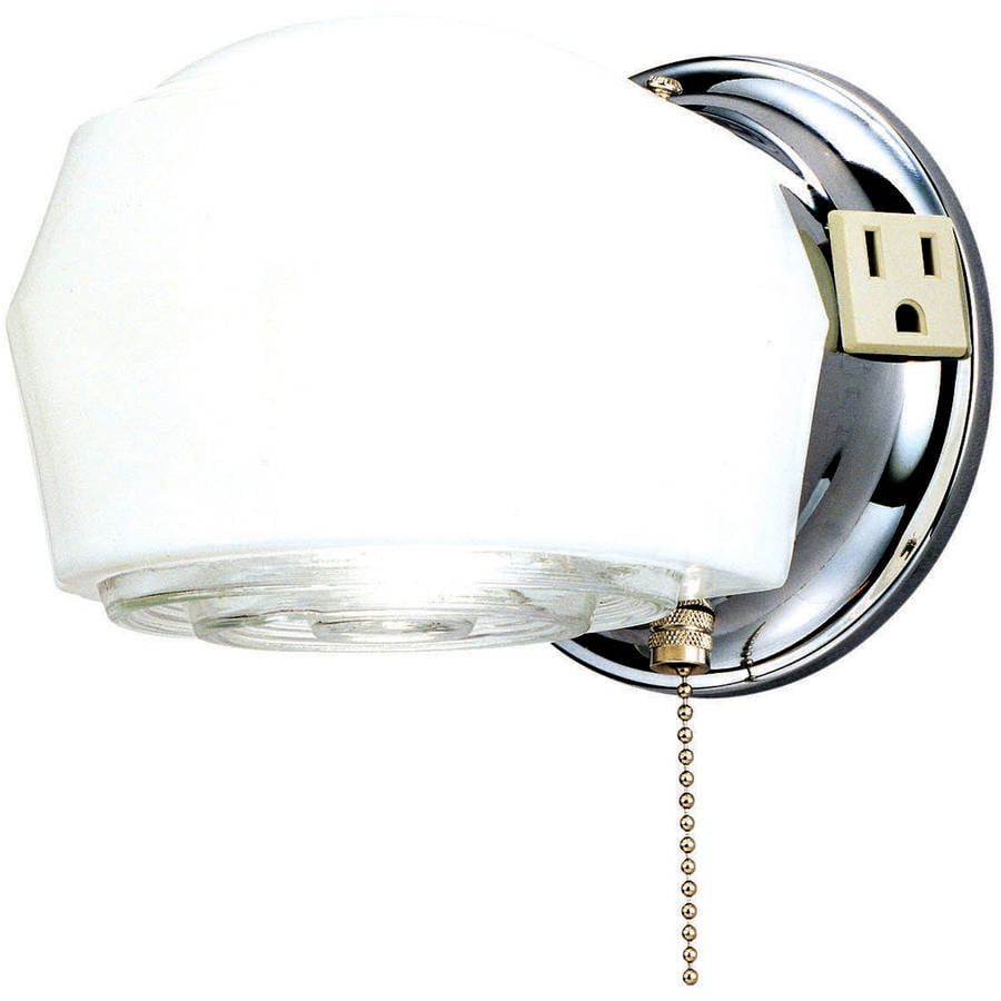 1 Light Wall with Ground Convenience Outlet and Pull Chain Chrome Finish Base with White and Crystal Glass