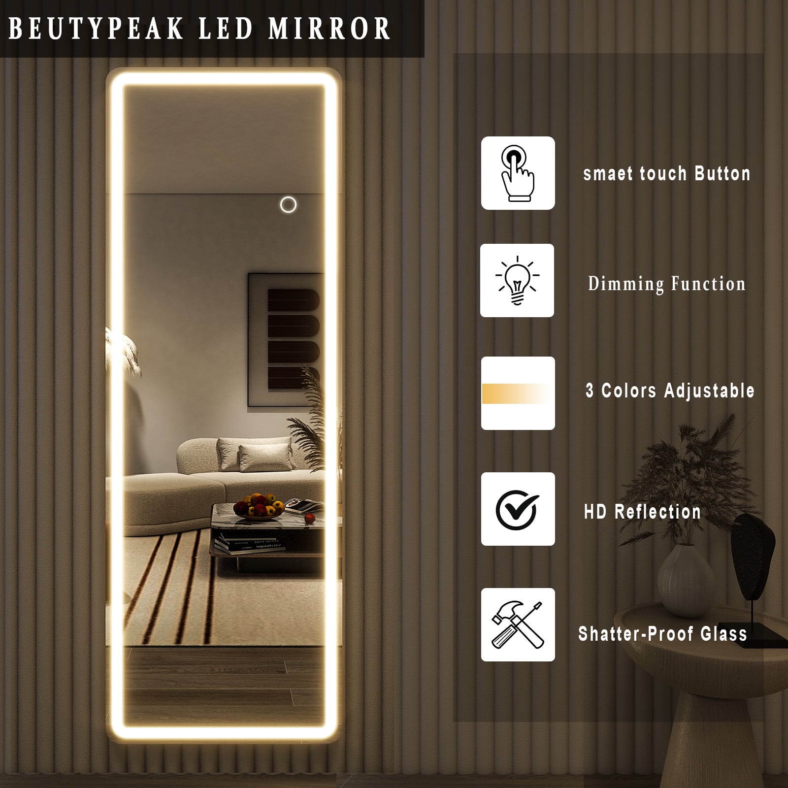 BEAUTYPEAK 64" x 21" LED Rectangular Full Length Mirror Standing Floor Mirror with Safe Corners,White