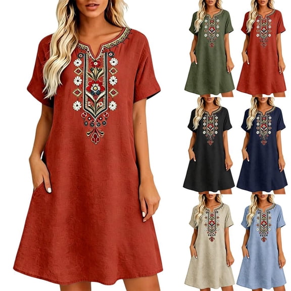 Bxsruta Women's Embroidered Cotton Casual Bohemian Smock Dress V Neck Short Sleeve Loose Flowy Midi Length with Pockets Pull on Lightweight Breathable Summer for Women