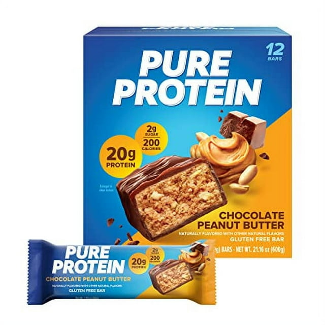 Barras de proteína pura, altas en proteínas, refrigerios nutritivos para respaldar la energía, bajo en azúcar, sin gluten, mantequilla de maní con chocolate, 1.76 oz, 12 unidades (el empaque puede var