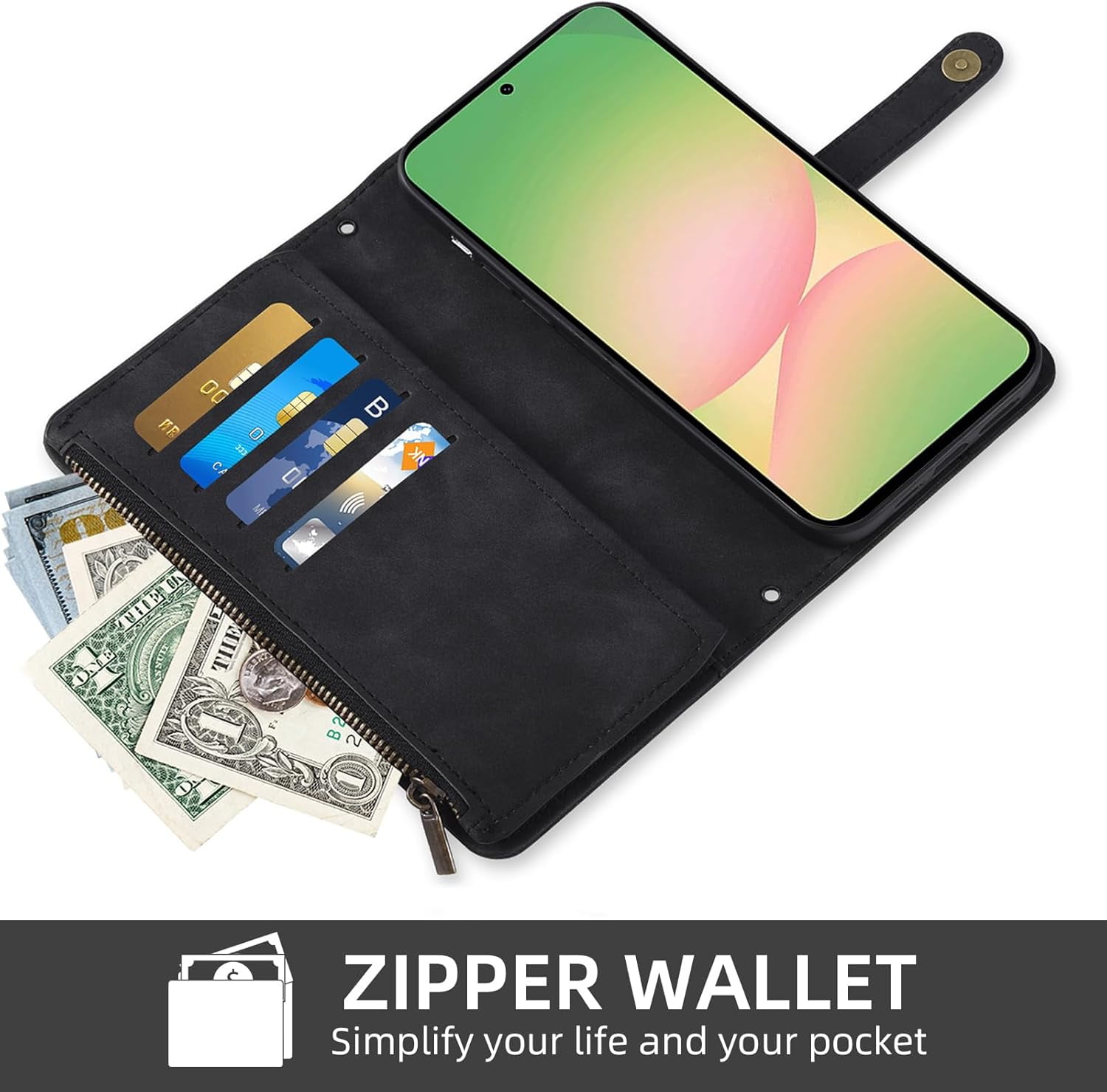 Asuwish Phone Case for Samsung Galaxy A56 5G Wallet Cover With Tempered Glass Screen Protector Crossbody Wrist Strap Flip Pattern Zipper Credit Card Holder Stand Cell A 56 56A LTE Women Men Black
