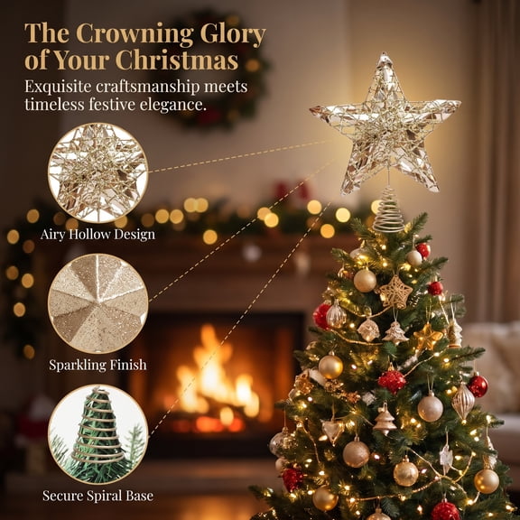 Star Christmas Tree Topper Glittered Iron 10.3x9.1in Lighted & Easy Install for Christmas Tree Decorations Holiday Party Home Indoor Outdoor by MPOISVA