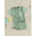 thumbnail image 3 of FEORJGP Toddler Boy Summer Clothes Infant Baby Short Sleeve T-Shirt Checkerboard Print Shirt Crew Neck Tops Pocket with Elastic Waist Shorts 2Pcs Outfit, 3 of 9