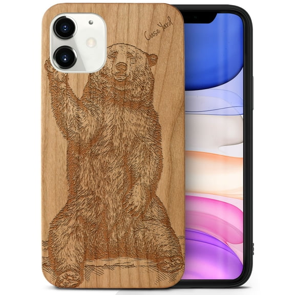 Case Yard Wooden Case Outside Soft TPU Silicone, Slim Fit Shockproof Wood Protective Phone Cover for Girls Boys Men and Women, Supports Wireless Charging Grizzly Bear Design case for iPhone-11