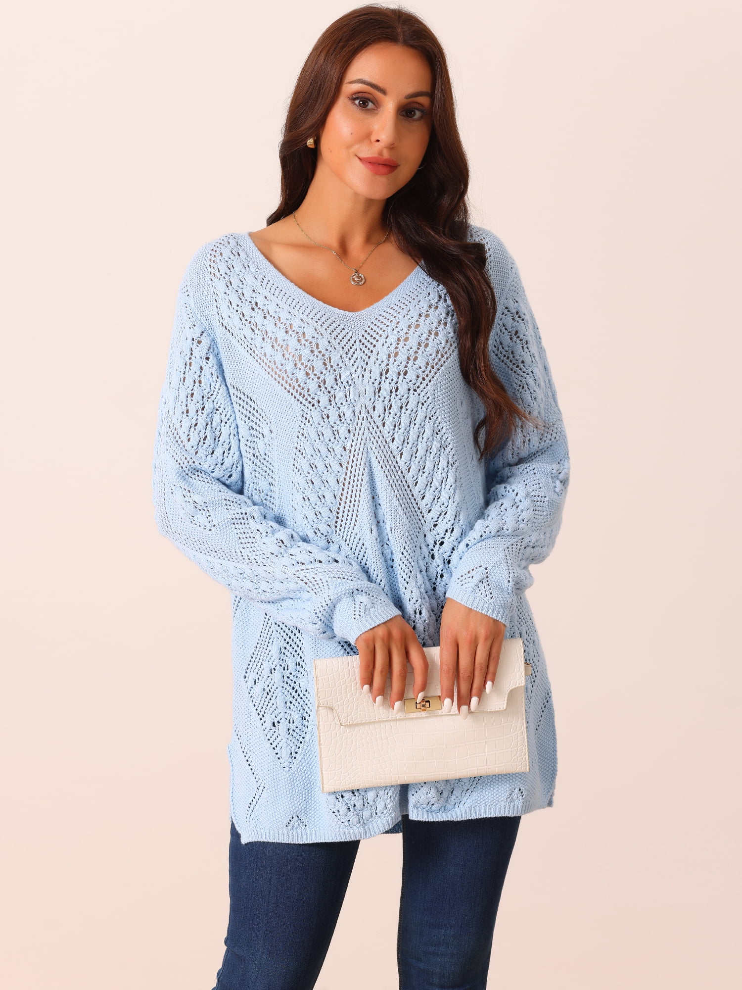 DARING DIVA Hollow Cable Knit Loose Casual Pullover Sweaters L Blue