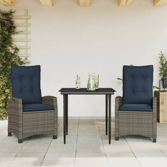 vidaXL 3 Piece Patio Dining Set with Cushions Gray Poly Rattan