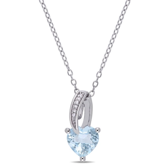 AMOUR Aquamarine Heart and Diamond Drop Pendant with Chain In Sterling Silver