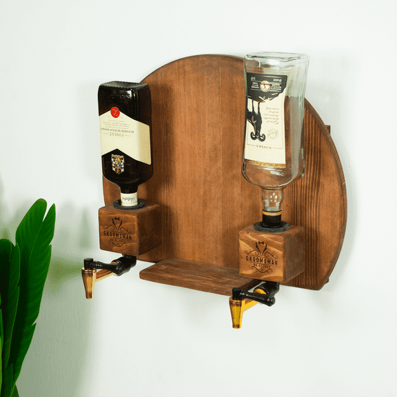 Personalized Wall-Mounted Whiskey Dispenser – Double Tap with Shelf | Rustic Bar Gift in Solid Pine Wood