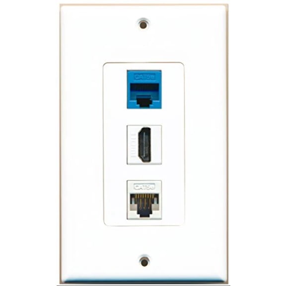 RiteAV - 1 Port HDMI 1 Cat5e Ethernet White 1 Cat5e Ethernet Blue Wall Plate Decorative