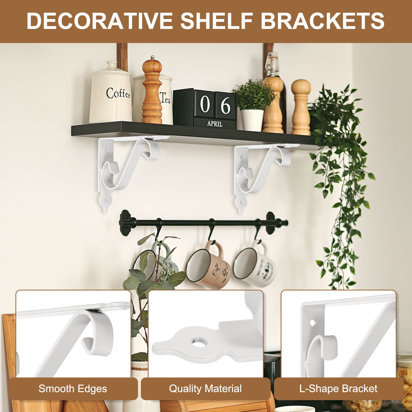 Uxcell 6 Pcs Decorative Shelf Brackets, 150mm/6 Inch Heavy Duty Floating Shelf Brackets for Wall Bookshelves Shelves Support, White