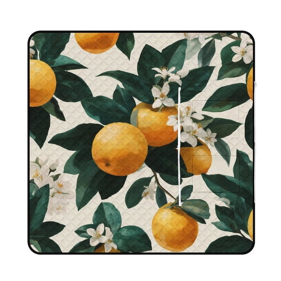 Oranges Blossoms Leaves Vibrant Pattern Design Picnic Blanket Waterproof Outdoor Beach Blanket Hand-held Pad Suitable for Travel, Camping, Beach, Family Gatherings