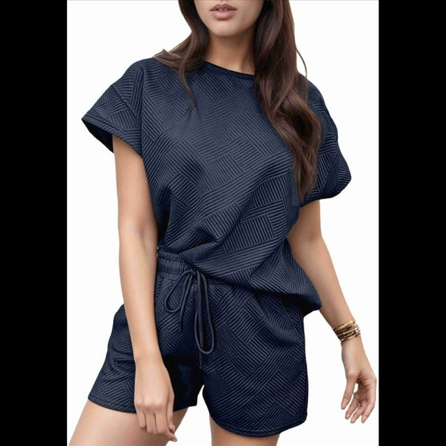 Women's 2 Piece Solid Color Round Neck Casual Textured Fabric Short Sleeve Pajamas Sweatsuit Set Dark Blue L